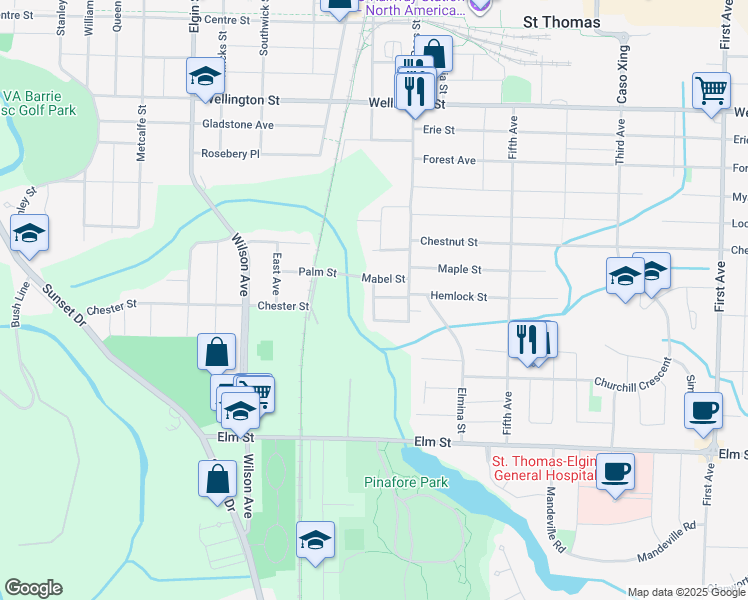map of restaurants, bars, coffee shops, grocery stores, and more near Wawa Street in St. Thomas
