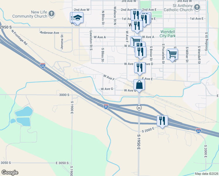 map of restaurants, bars, coffee shops, grocery stores, and more near 630 South Wallace Street in Wendell