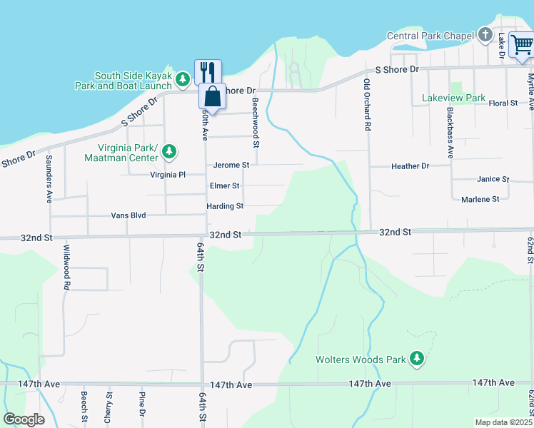 map of restaurants, bars, coffee shops, grocery stores, and more near 1565 Harding Street in Holland