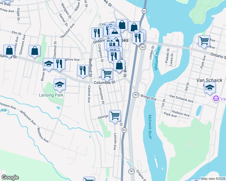 map of restaurants, bars, coffee shops, grocery stores, and more near 103 Main Street in Cohoes