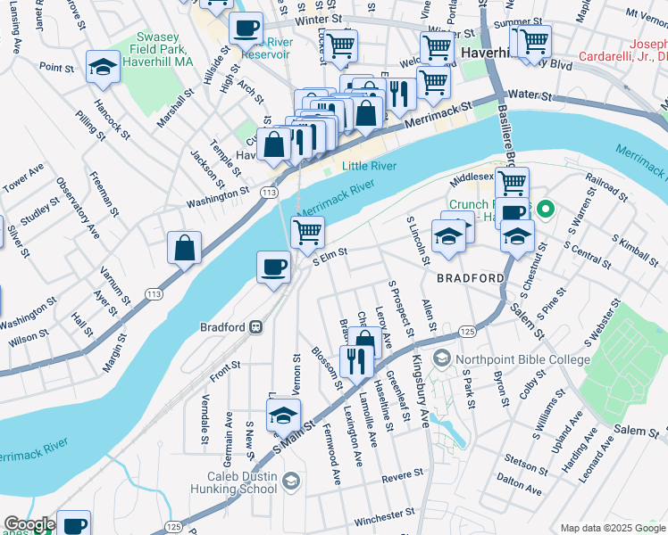 map of restaurants, bars, coffee shops, grocery stores, and more near 95 Bradford Avenue in Haverhill