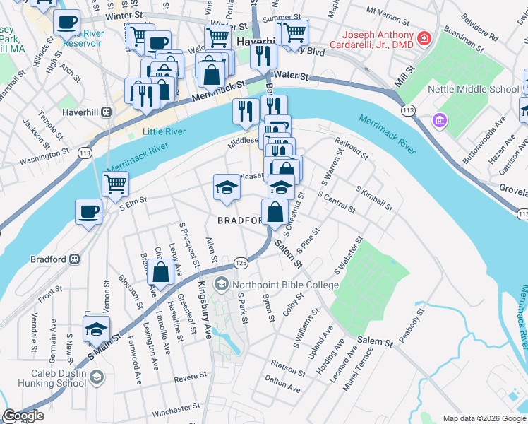 map of restaurants, bars, coffee shops, grocery stores, and more near 6 Carleton Avenue in Haverhill