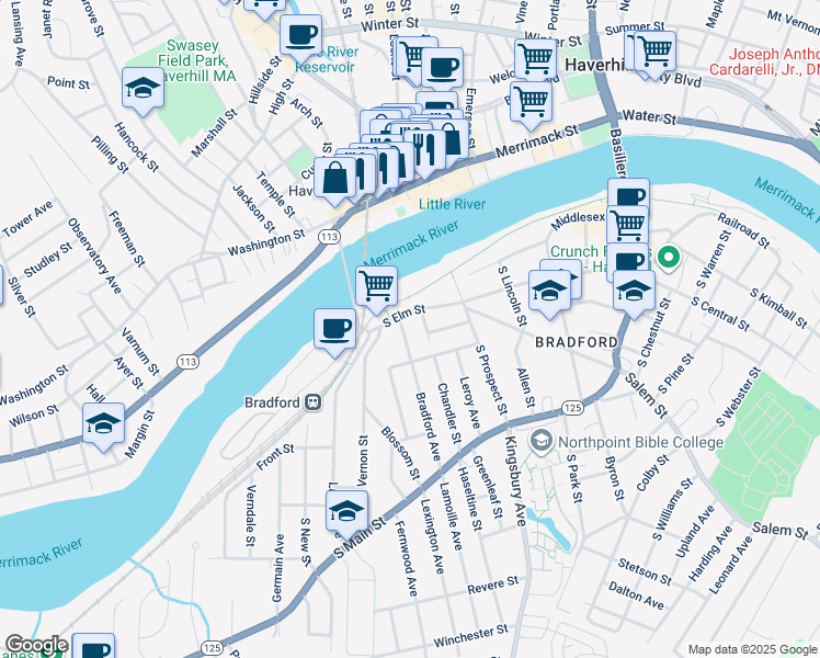 map of restaurants, bars, coffee shops, grocery stores, and more near 173 South Elm Street in Haverhill