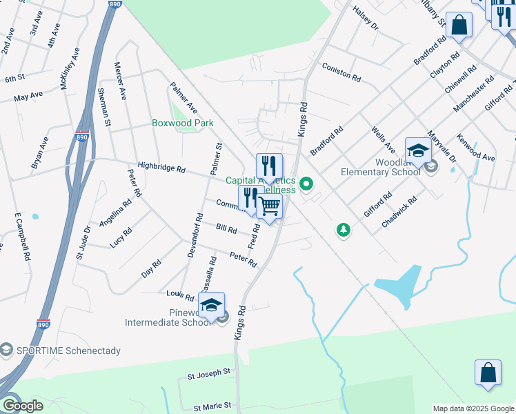 map of restaurants, bars, coffee shops, grocery stores, and more near 1257 Highbridge Road in Schenectady