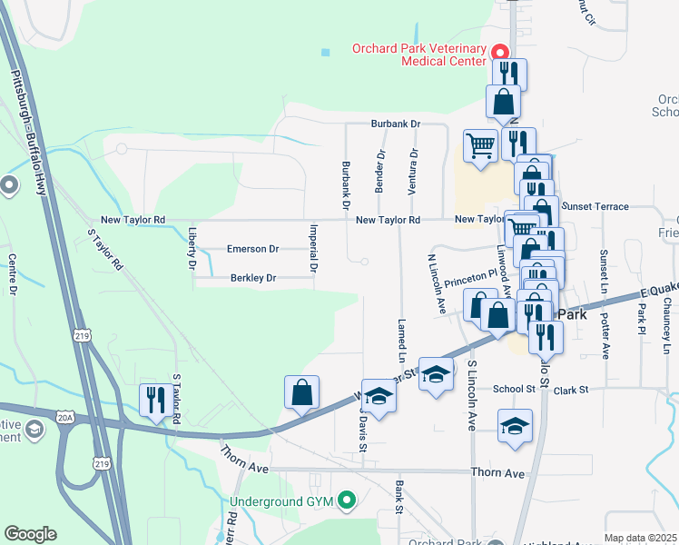 map of restaurants, bars, coffee shops, grocery stores, and more near 15 Glendale Terrace in Orchard Park