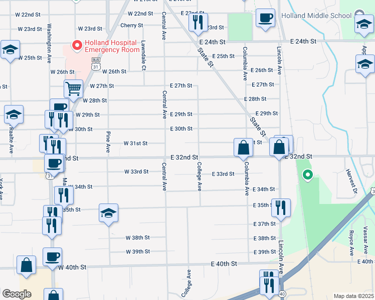map of restaurants, bars, coffee shops, grocery stores, and more near 49 East 32nd Street in Holland