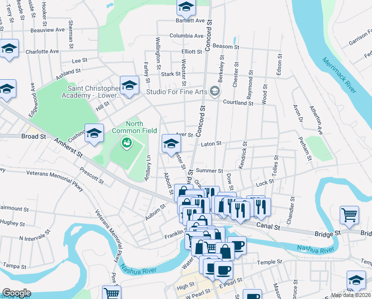 map of restaurants, bars, coffee shops, grocery stores, and more near 4 Chautauqua Avenue in Nashua