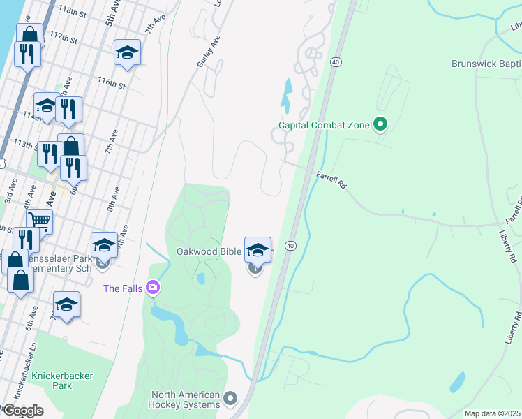map of restaurants, bars, coffee shops, grocery stores, and more near 11 Stoneledge Drive in Troy