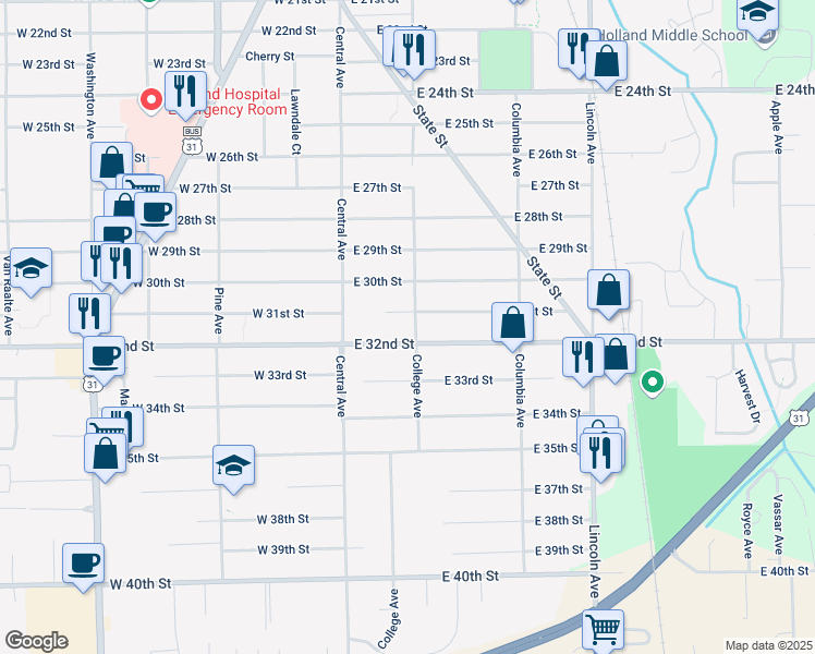 map of restaurants, bars, coffee shops, grocery stores, and more near 49 East 32nd Street in Holland