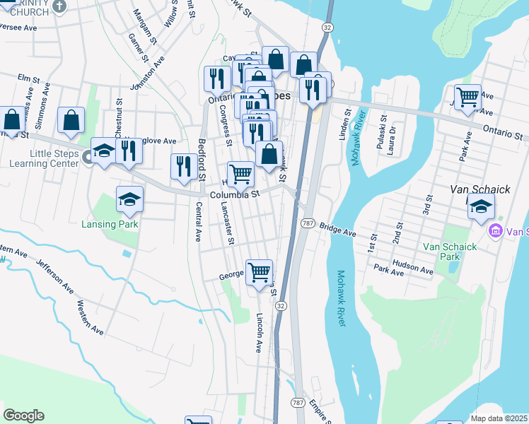 map of restaurants, bars, coffee shops, grocery stores, and more near 103 Main Street in Cohoes