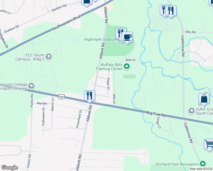 map of restaurants, bars, coffee shops, grocery stores, and more near 80 Allen Street in Orchard Park