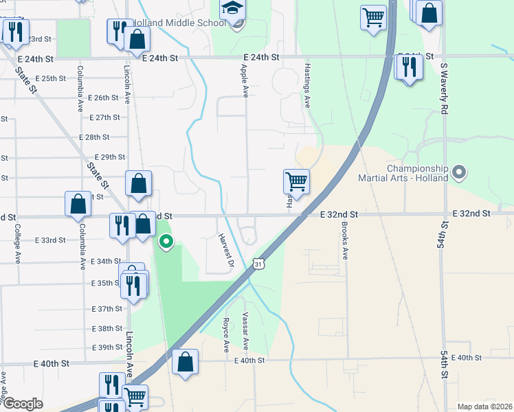 map of restaurants, bars, coffee shops, grocery stores, and more near 399 East 32nd Street in Holland