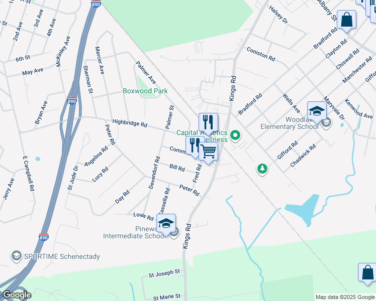 map of restaurants, bars, coffee shops, grocery stores, and more near 1024 Community Road in Schenectady
