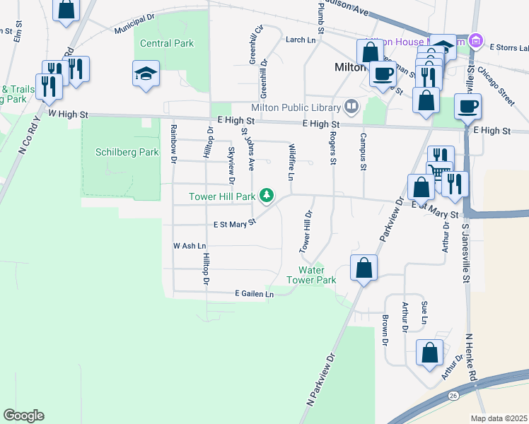 map of restaurants, bars, coffee shops, grocery stores, and more near 190 East Saint Mary Street in Milton