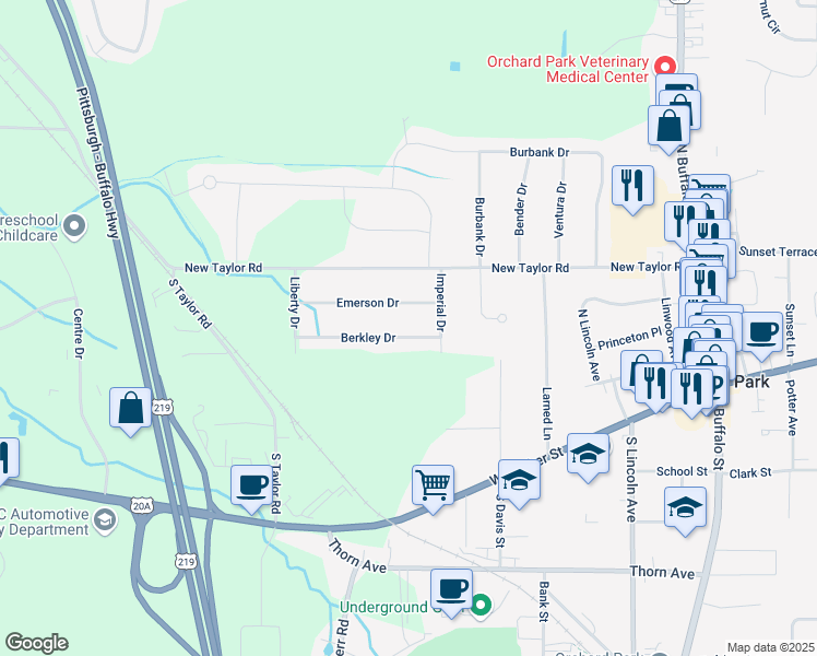 map of restaurants, bars, coffee shops, grocery stores, and more near 6143 Emerson Drive in Orchard Park