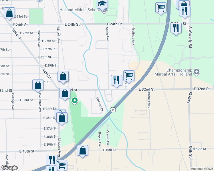 map of restaurants, bars, coffee shops, grocery stores, and more near 399 East 32nd Street in Holland