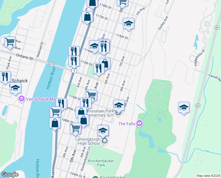 map of restaurants, bars, coffee shops, grocery stores, and more near 466 6th Avenue in Troy