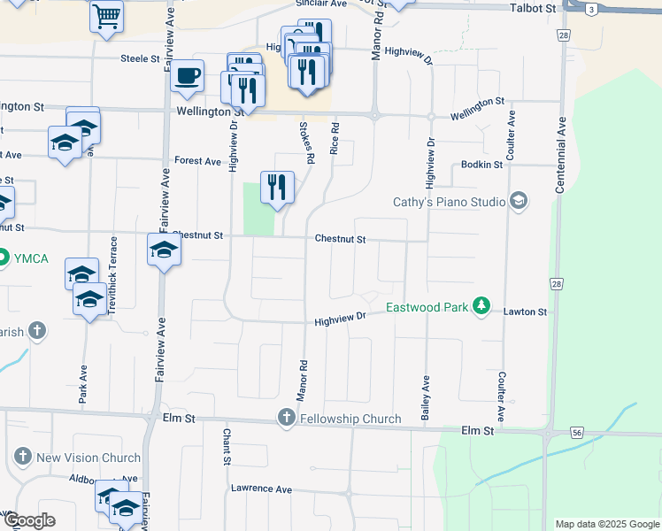map of restaurants, bars, coffee shops, grocery stores, and more near Carrie Crescent in Saint Thomas