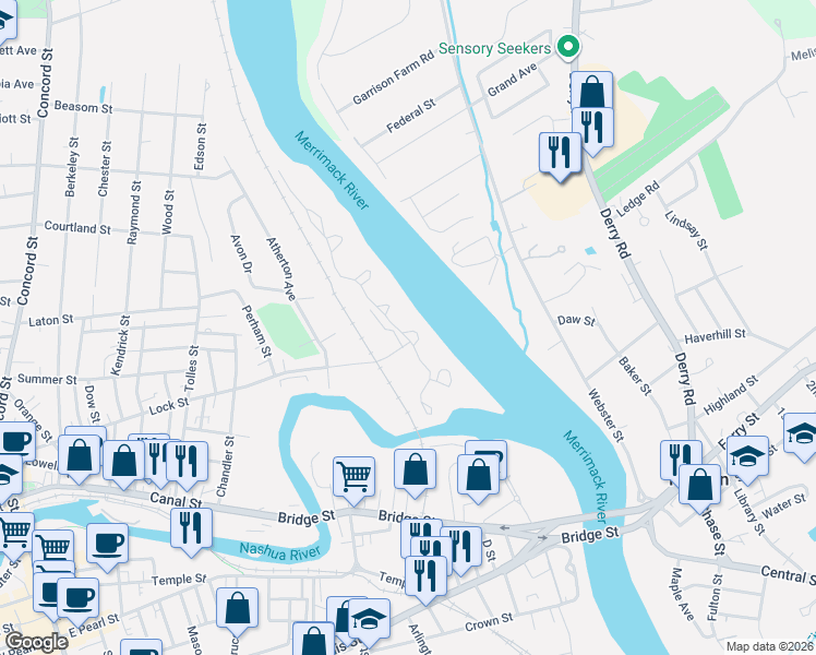 map of restaurants, bars, coffee shops, grocery stores, and more near 37 Walden Pond Drive in Nashua