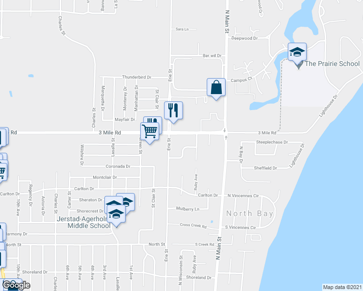 map of restaurants, bars, coffee shops, grocery stores, and more near 528 Greenfield Road in Racine
