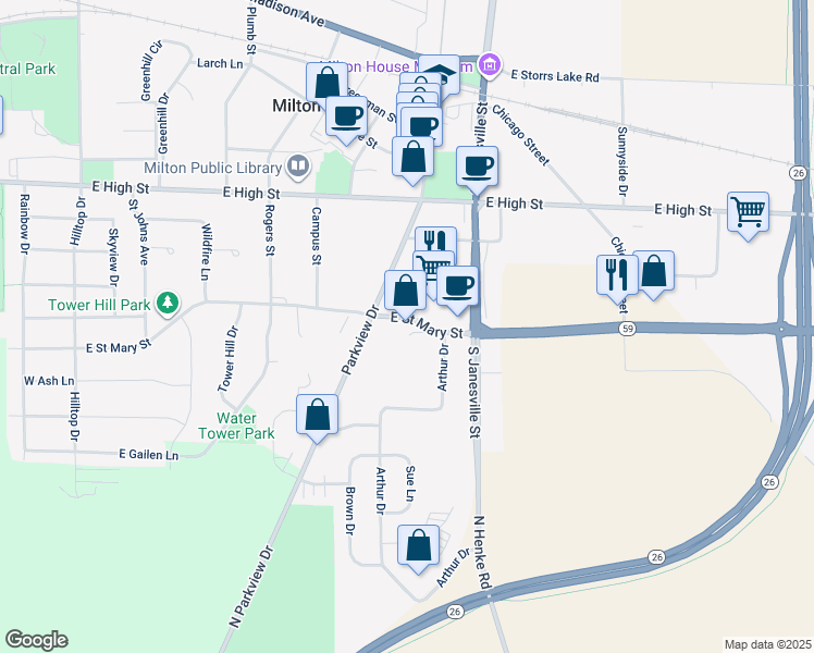 map of restaurants, bars, coffee shops, grocery stores, and more near 641 East Saint Mary Street in Milton