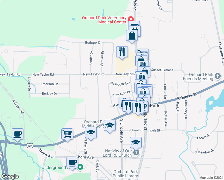 map of restaurants, bars, coffee shops, grocery stores, and more near 60 North Lincoln Avenue in Orchard Park