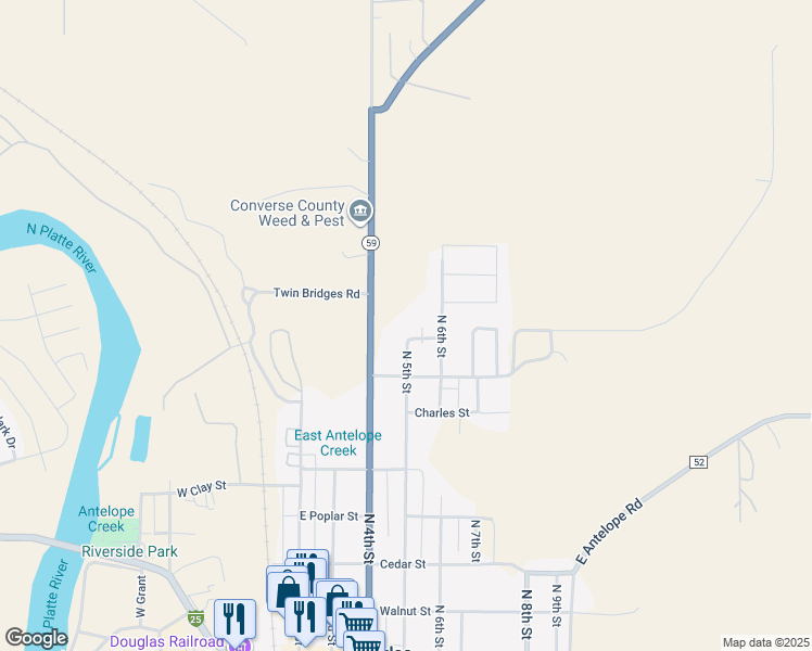 map of restaurants, bars, coffee shops, grocery stores, and more near 500 Willow Creek Road in Douglas