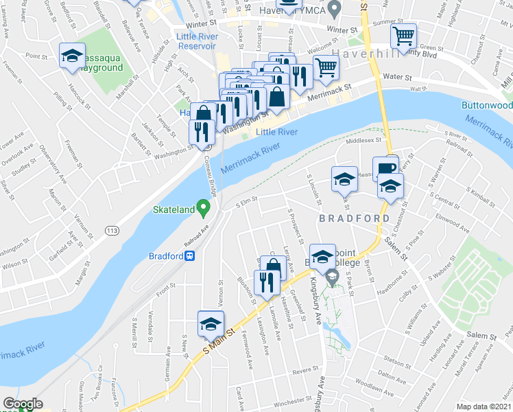 map of restaurants, bars, coffee shops, grocery stores, and more near 134 South Elm Street in Haverhill