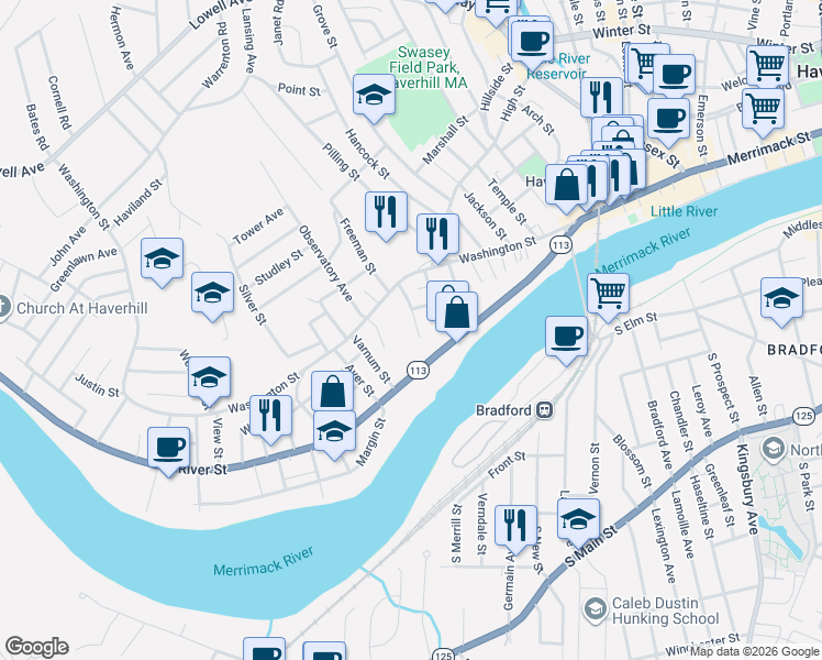 map of restaurants, bars, coffee shops, grocery stores, and more near 9 Ford Street in Haverhill