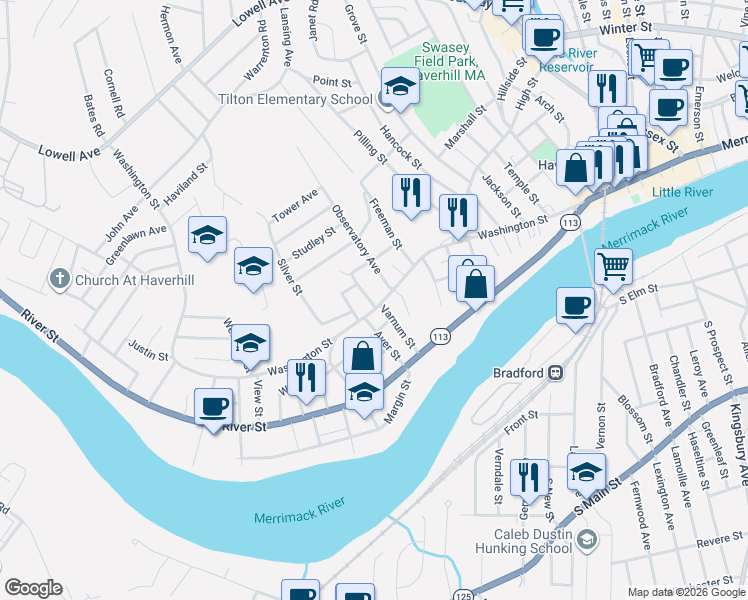 map of restaurants, bars, coffee shops, grocery stores, and more near 433 Washington Street in Haverhill