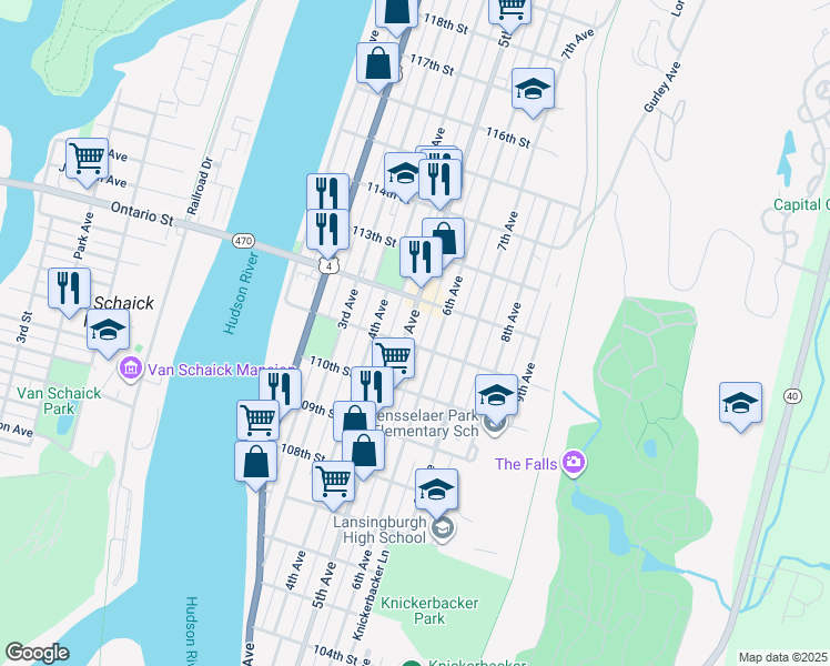 map of restaurants, bars, coffee shops, grocery stores, and more near 454 5th Avenue in Troy