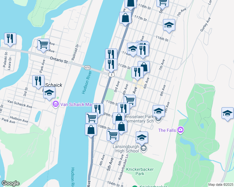 map of restaurants, bars, coffee shops, grocery stores, and more near 15 111th Street in Troy