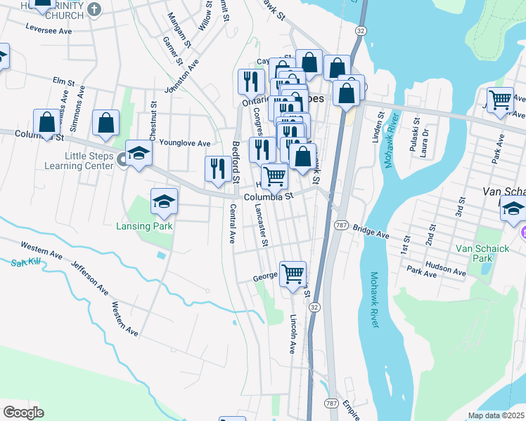map of restaurants, bars, coffee shops, grocery stores, and more near 60 Columbia Street in Cohoes
