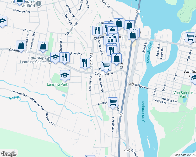 map of restaurants, bars, coffee shops, grocery stores, and more near 16 Sandusky Street in Cohoes