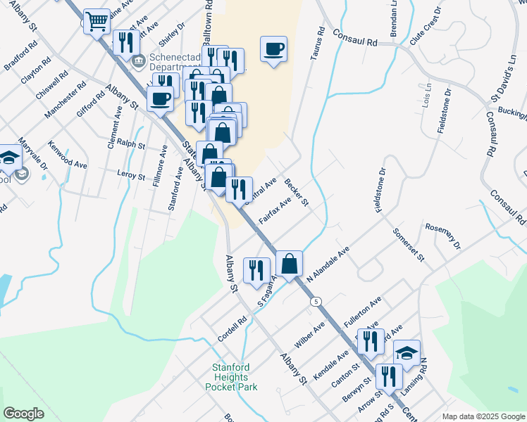 map of restaurants, bars, coffee shops, grocery stores, and more near 25 Fairfax Avenue in Schenectady