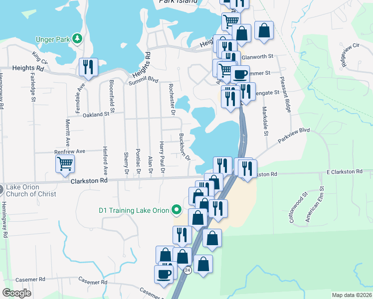 map of restaurants, bars, coffee shops, grocery stores, and more near 860 Buckhorn Drive in Orion charter Township