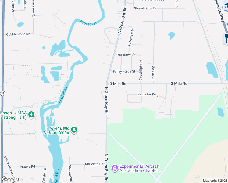 map of restaurants, bars, coffee shops, grocery stores, and more near 3411 3 Mile Road in Racine