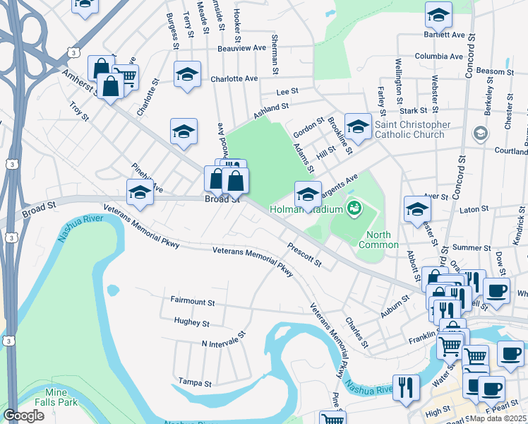 map of restaurants, bars, coffee shops, grocery stores, and more near 100 Amherst Street in Nashua