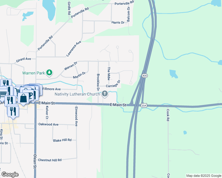 map of restaurants, bars, coffee shops, grocery stores, and more near 1231 Carriage Drive in East Aurora