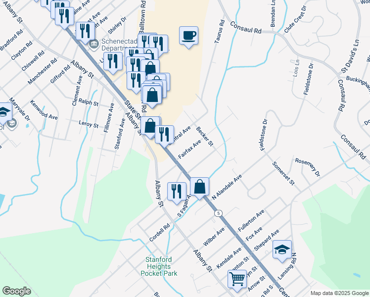map of restaurants, bars, coffee shops, grocery stores, and more near 25 Fairfax Avenue in Schenectady