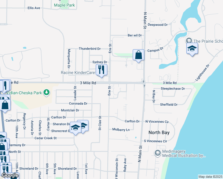 map of restaurants, bars, coffee shops, grocery stores, and more near 3929 Erie Street in Racine