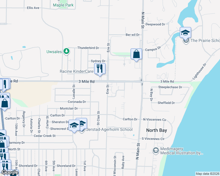 map of restaurants, bars, coffee shops, grocery stores, and more near 3929 Erie Street in Racine