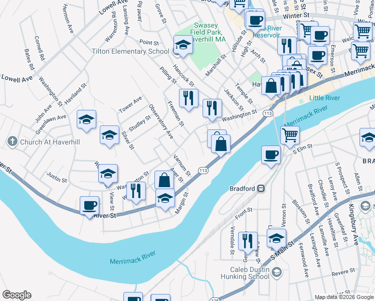 map of restaurants, bars, coffee shops, grocery stores, and more near 9 Ford Street in Haverhill