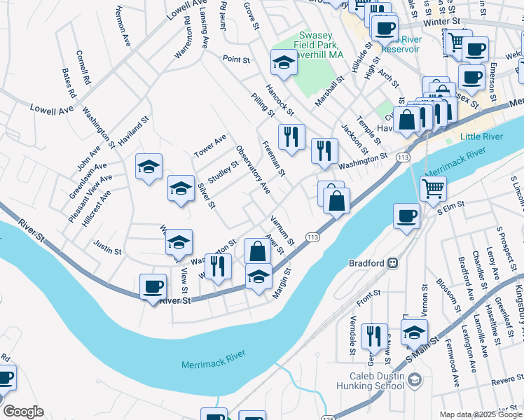 map of restaurants, bars, coffee shops, grocery stores, and more near 4 Marble Street in Haverhill