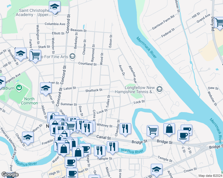 map of restaurants, bars, coffee shops, grocery stores, and more near 27 Avon Drive in Nashua