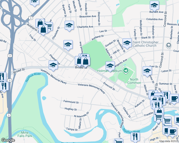 map of restaurants, bars, coffee shops, grocery stores, and more near 3 Bennett Street in Nashua