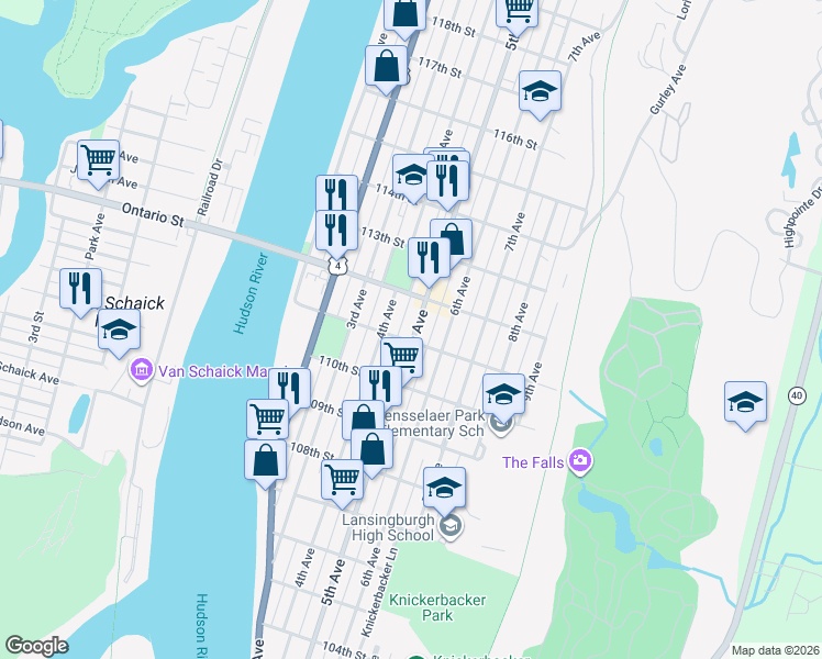 map of restaurants, bars, coffee shops, grocery stores, and more near 454 5th Avenue in Troy