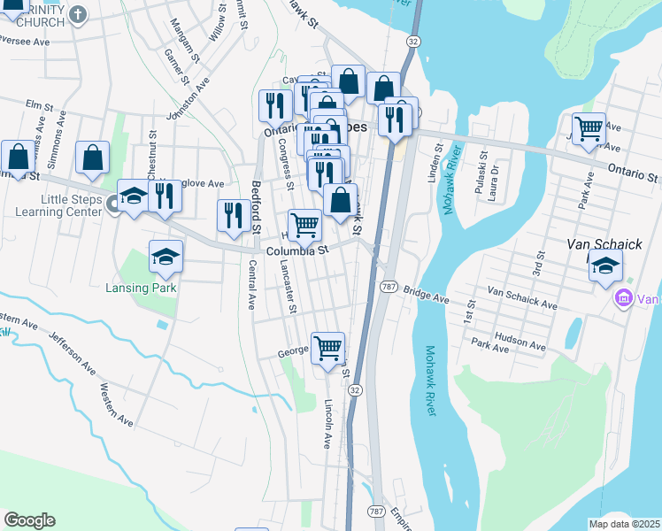 map of restaurants, bars, coffee shops, grocery stores, and more near 103 Main Street in Cohoes