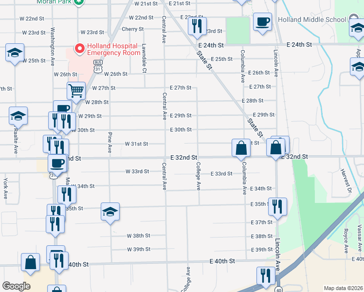 map of restaurants, bars, coffee shops, grocery stores, and more near 751 Central Avenue in Holland