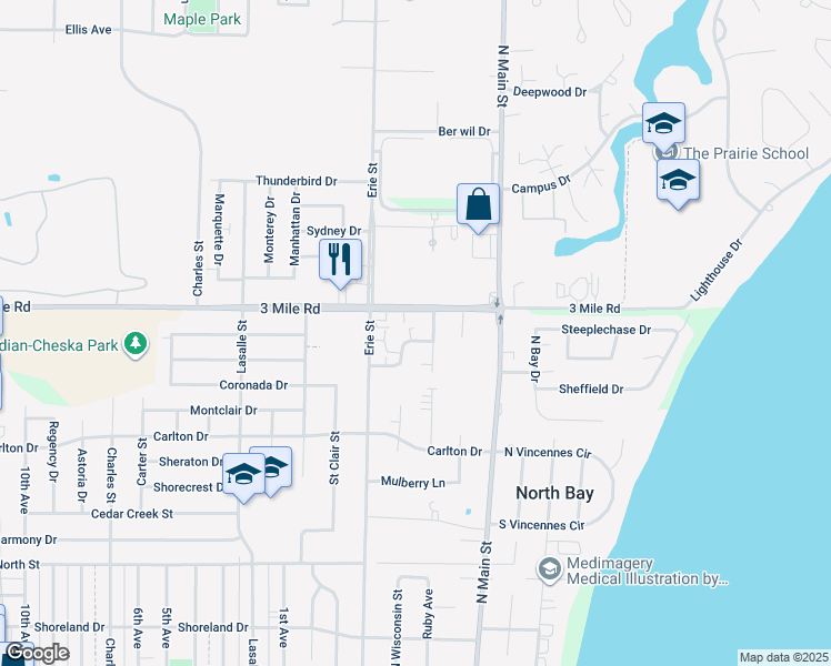map of restaurants, bars, coffee shops, grocery stores, and more near 501 3 Mile Road in Racine